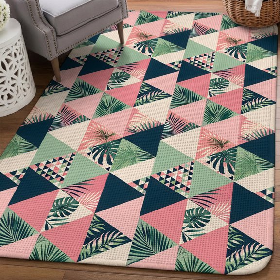 Pink Green Triangular Area Rugs for Living Room 5x7, Mosaic Aesthetic Tropical Palm Fronds Tropical Washable Area Rug Non Slip, Stain Resist Linen Carpet for Bedroom, Dining Room, Entryway, Entrance