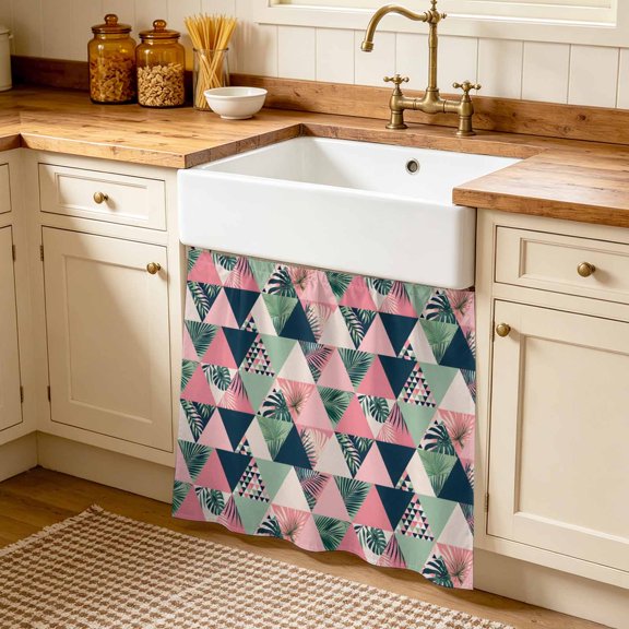 Pink Green Triangular Cabinet Curtains 35 x 35 Inch Mosaic Tropical Palm Fronds Tropical Under Sink Curtain for Closet Waterproof Self Adhesive Desk Skirt Privacy Drape for Kitchen Bathroom