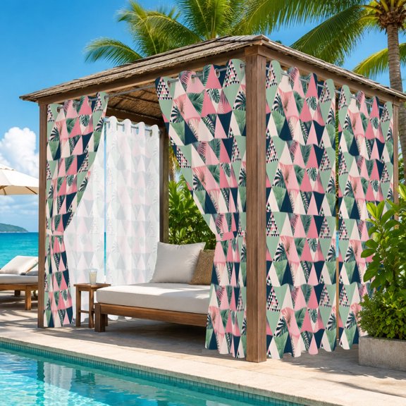 Pink Green Triangular Outdoor Curtains for Patio, Mosaic Tropical Palm Fronds Tropical Waterproof Outside Curtains Privacy Blackout Curtain for Porch Pergola Cabana, 2 Panel 54W x 108L Inch