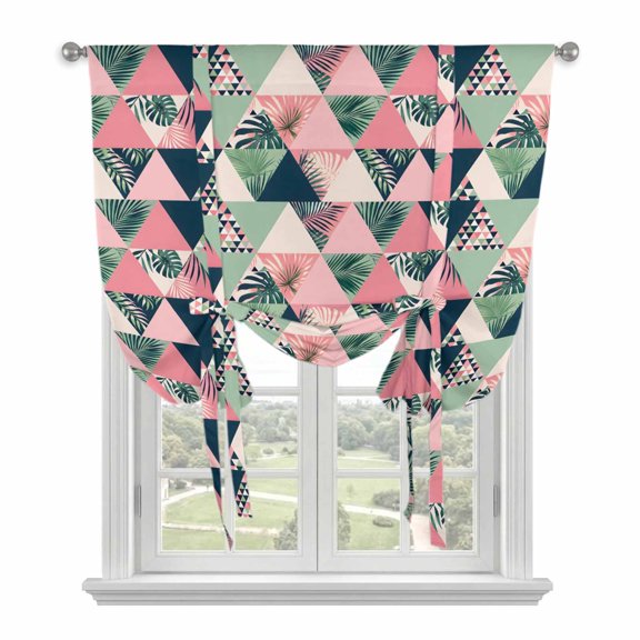 Pink Green Triangular Tie Up Balloon Window Curtain 52W x 63L Inch, Mosaic Aesthetic Tropical Palm Fronds Tropical Rod Pocket Adjustable Tie Up Curtains Small Kitchen Sink Curtains for Cafe Bedroom