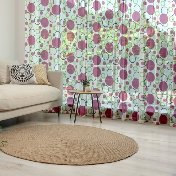 Pink and Green Tulle Curtains with Rod Pocket, Geometric Retro Composition with Circles and Dots Spotty Pattern, Sheer Drape for Wedding Party 2 Panels, 7 Sizes, Dark Pink Green Black, by Ambesonne