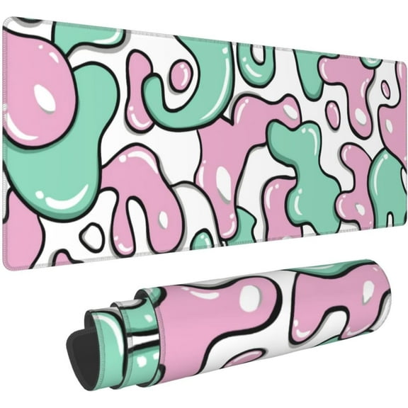 Pink Green White Mouse Pad 35.4x15.7 Anime Cool Geometric Japanese Desk Mat Extended XXL Mouse Pad Non-Slip Rubber Base Stitched Edge Keyboard Mouse Mat Laptop Desk Pad Large for Working