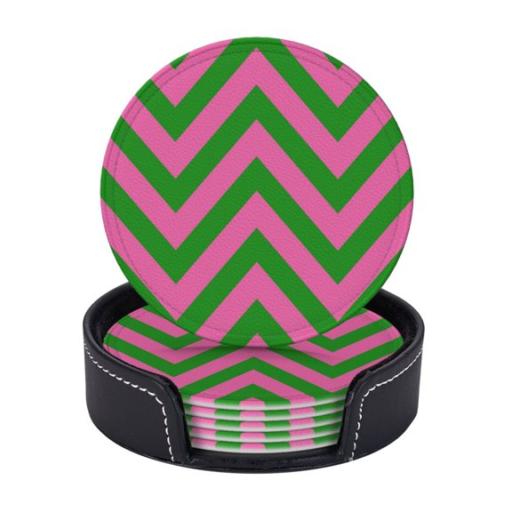Pink Green Zig Zag Pattern Coasters With Leather Holder Set Of 6 Round Coasters for Home and Kitchen Decor