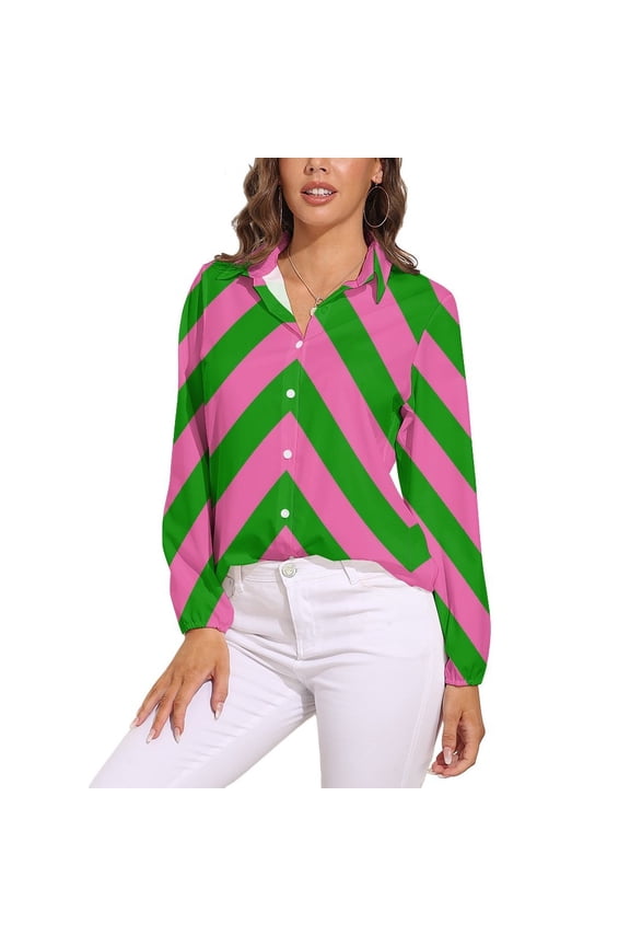 Pink Green Zig Zag Pattern Long Sleeve Blouse Woman Streetwear Casual Shirts Summer Oversize Woman Streetwear Clothing Birthday Present