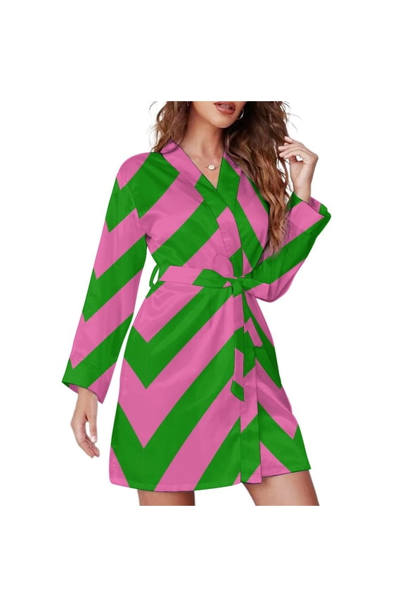 Pink Green Zig Zag Pattern Night Robe Long Sleeve V Neck Robe With Belt Women's Sleepwear Dresses