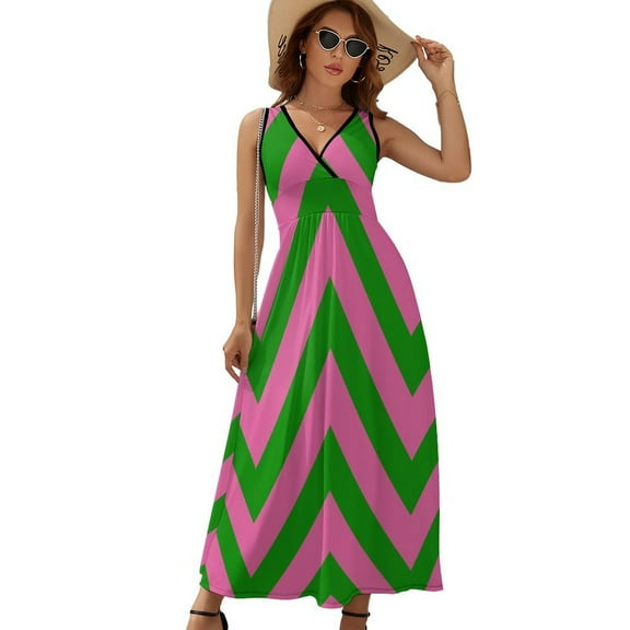 Pink Green Zig Zag Pattern Sleeveless Dress Dresses Women Summer Evening Dresses Ladies Bohemia Long Dresses