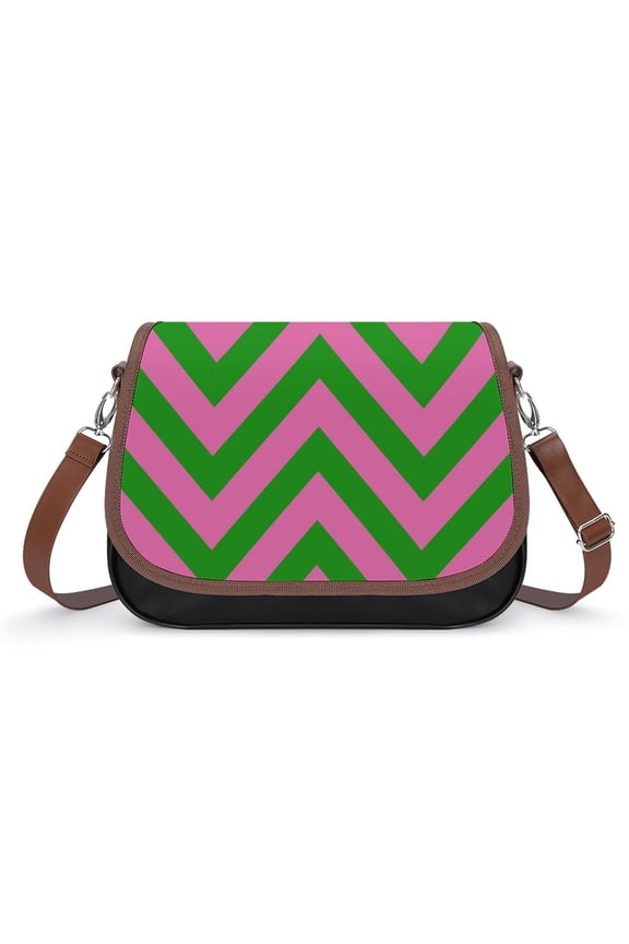 Pink Green Zig Zag Pattern Vintage Crossbody Bag for Women Medium Leather Hobo Bags Shoulder Bag Classic City Leather Satchels