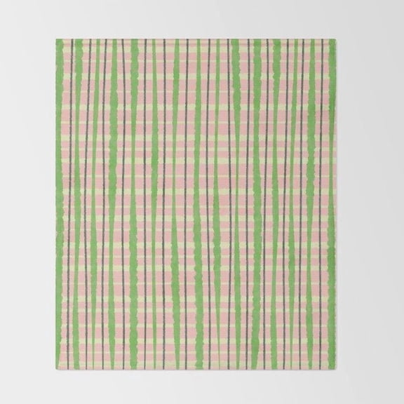 Pink, Green and Cream Striped Grid Fleece Blanket, 280 GSM Polyester Fleece, Geometric Style
