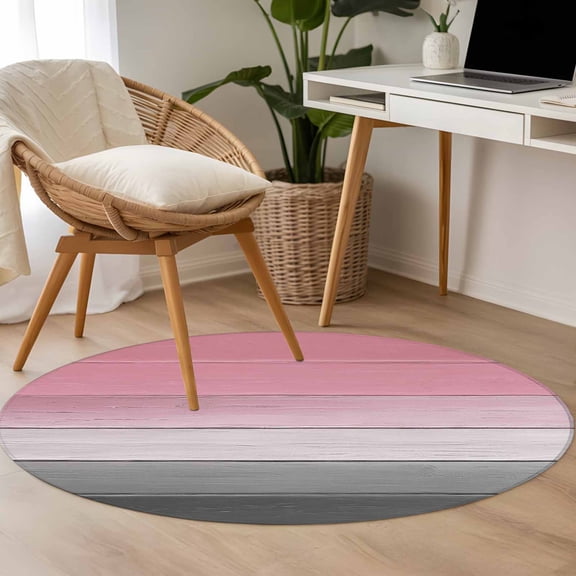 Pink Grey 3.3ft Round Rug for Bedroom Reading Corner, Gradient Wood Grain Vintage Farmhouse Washable Non Slip Circle Area Rug