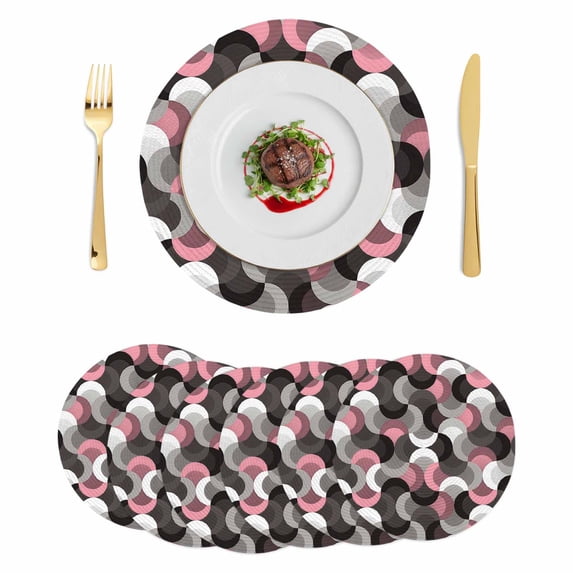 Pink Grey Abstract Round 13 Inch Placemats Set of 6, Modern Geometric Ombre Artwork HeatResistant Non Slip Place Mats for Dining Table, Wipeable Braided Kitchen Table Mats for Housewarming