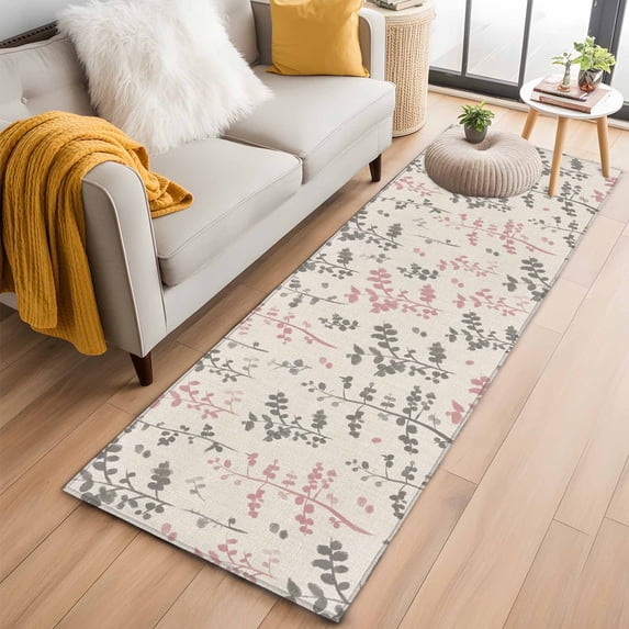Pink Grey Botanical 2'x6' Runner Rugs for Hallway Kitchen Bedside Non Slip, Rustic Country Spring Floral Summer Leaf Entryway Rug Runners with Rubber Backing, Long Carpet Runner for Laundry Room