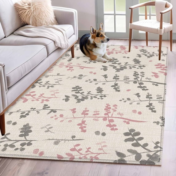 Pink Grey Botanical Area Rugs 2.7'x5', Washable Small Throw Rugs for Kitchen Bedroom, Rustic Country Spring Floral Summer Leaf Indoor Outdoor Rug Non-Slip Low Pile Carpet Runner Reversible Floor Mats