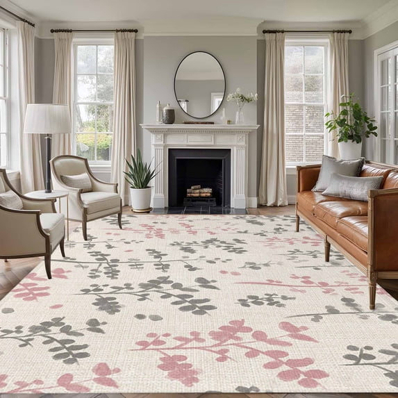 Pink Grey Botanical Area Rugs 6'x9', Small Throw Rugs for Kitchen Dining room, Rustic Country Spring Floral Summer Leaf Indoor Outdoor Rug Non-Slip Low Pile Carpet Runner Reversible Floor Mats