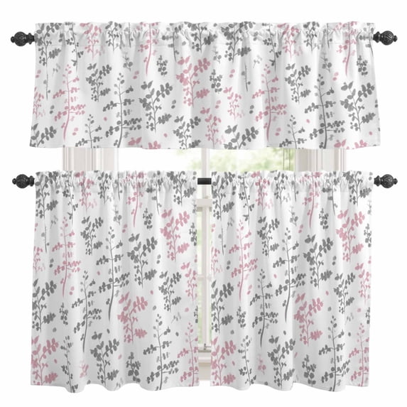 Pink Grey Botanical Kitchen Curtains Sets for Windows 36 Inch Length, Watercolor Spring Floral Summer Leaf Rod Pocket Window Treatments Tier Curtains and Valances Set for Bedroom/Bathroom