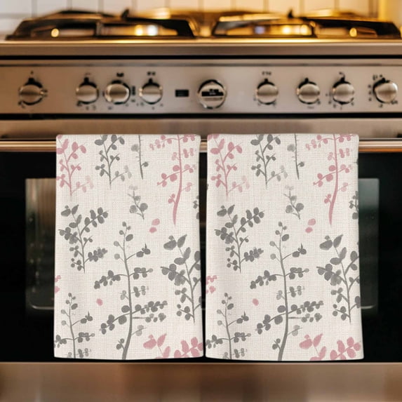 Pink Grey Botanical Kitchen Towels Set of 1, Rustic Country Spring Floral Summer Leaf Absorbent Dish Towels for Kitchen, Microfiber Hand Towel, Quick Drying Tea Towel Decorative Dishcloths