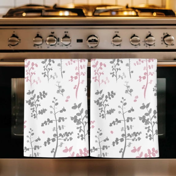 Pink Grey Botanical Kitchen Towels Set of 3, Watercolor Spring Floral Summer Leaf Absorbent Dish Towels for Kitchen, Microfiber Hand Towel, Quick Drying Tea Towel for Cleaning Decorative Dishcloths