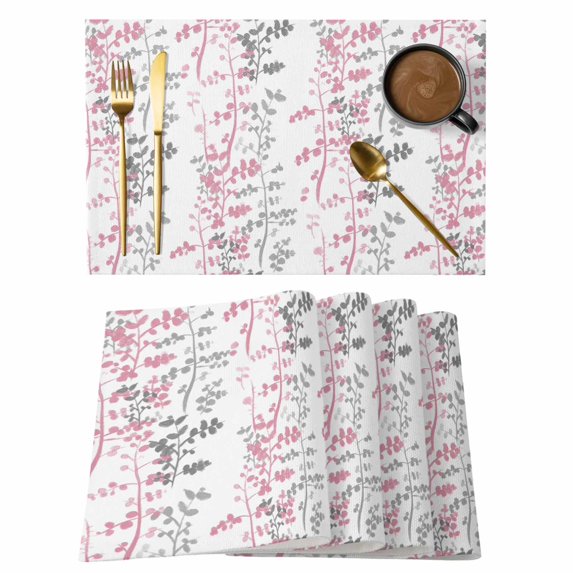 Pink Grey Botanical Placemats Set of 6, Spring Floral Summer Farmhouse Placemats for Dining Table, Place Mats for Kitchen Tabletop, Waterproof Wipeable Dining Table Mats Set