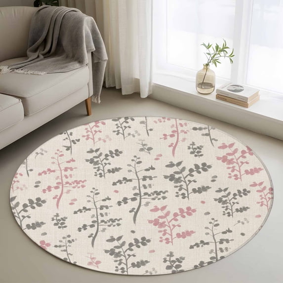 Pink Grey Botanical Round Area Rug 4Ft Washable Circle Rugs for Bedroom Dining Room, Rustic Country Spring Floral Summer Leaf Non-Slip Carpet Floor Mats Indoor Outdoor Carpet Runner Home Decor