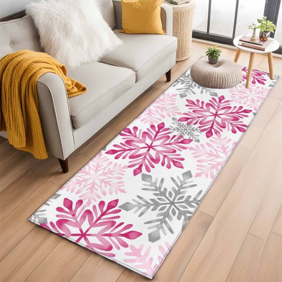 Pink Grey Christmas Snowflakes 2'x6' Runner Rugs for Hallway Kitchen Bedside Non Slip Washable, Winter Xmas Textured Entryway Rug Runners with Rubber Backing, Long Carpet Runner for Laundry Room