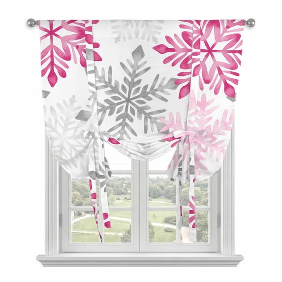 Pink Grey Christmas Snowflakes Balloon Curtains for Living Room/French Door, Winter Xmas Textured Tie Up Curtains 63 Inch Length Energy Saving Kitchen Curtains Shades for Windows 42"x63"