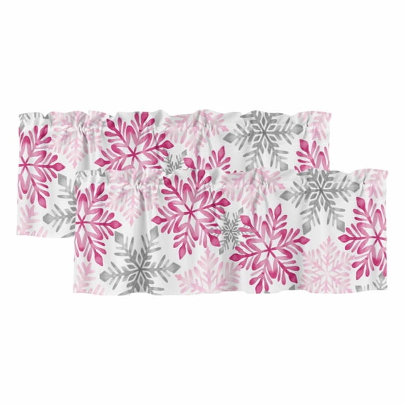 Pink Grey Christmas Snowflakes Curtain Valances for Windows, Kitchen Valance Window Treatments Panel 2 Pack, Winter Xmas Textured Rod Pocket Short Curtains for Bathroom Bedroom 42 x 12 Inch
