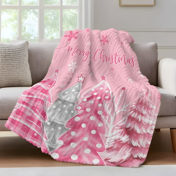 Pink Grey Christmas Tree Fleece Throw Blanket for Couch, Xmas Tree Snowflake Microfiber Flannel Blanket for All Season, Lightweight Soft Throw Blankets for Gifts, Home Decor, 32"x47"