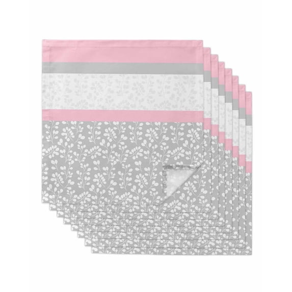 Pink Grey Cloth Napkins Set of 8 Reusable Dinner Napkins, Chic Garden Floral Stripe Aesthetic Flower Boho Cocktail Napkin Washable Table Napkins for Wedding/Holiday Party/Baby Shower 20"x20"