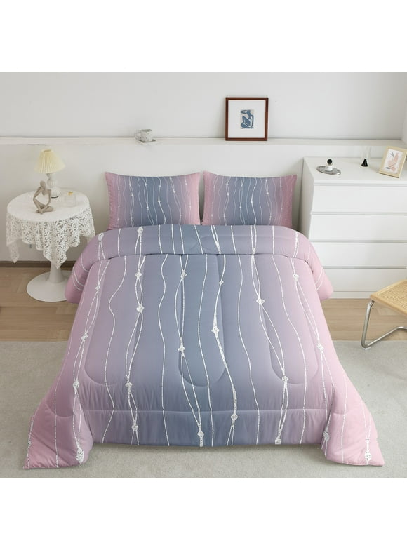 Pink and Grey Comforter Set Twin for Girls Women Watercolor Gradient Bedding Set, Geometric Abstract Bedding Comforter Sets Wave Stripe Duvet, Modern Aesthetic Artwork Quilted Comforter Home Decor