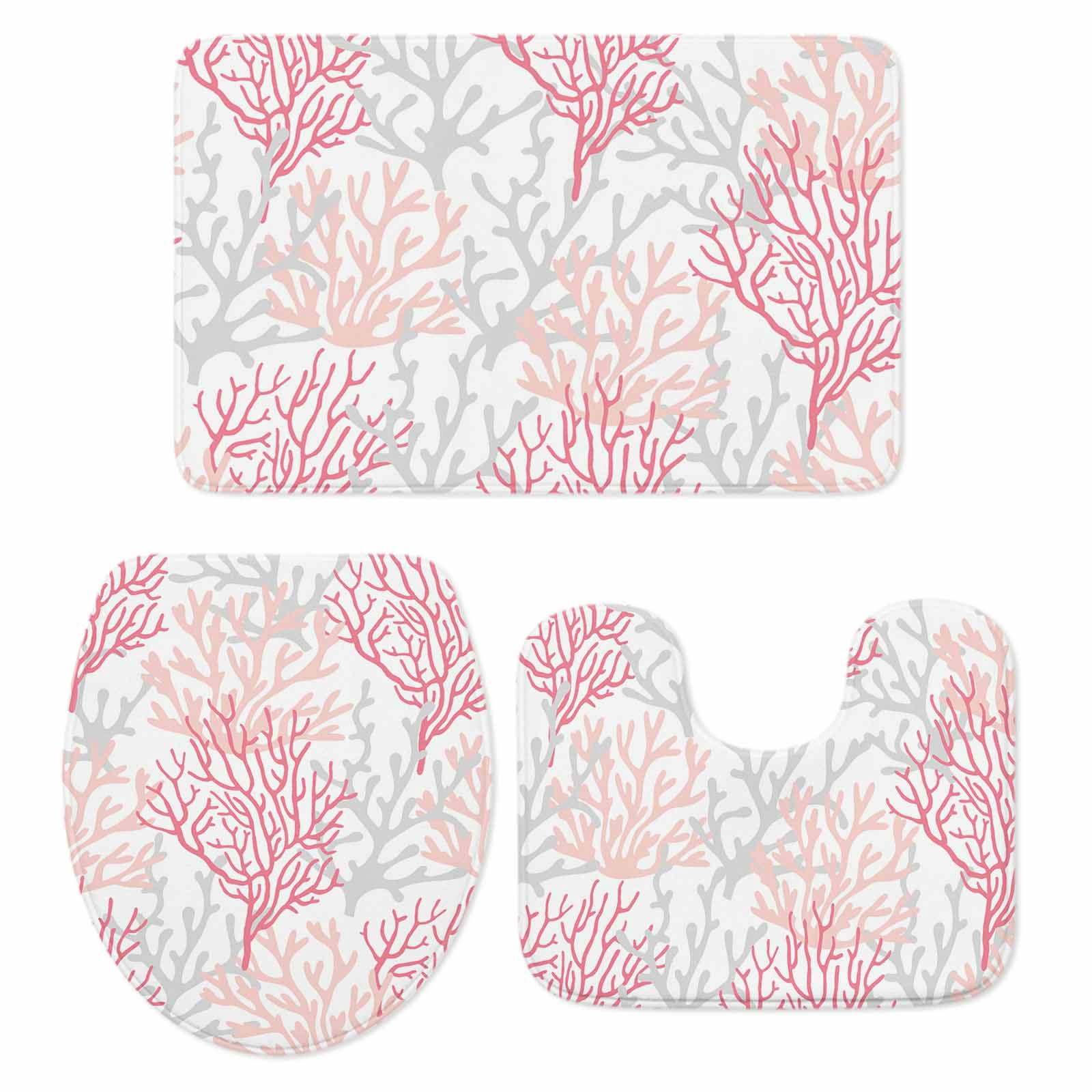 Pink Grey Coral Coastal Bath Mat 3 Piece Bathroom Rug Set, Summer Beach Seaside Nautical Non Slip Bath Rug Contour Mat and Toilet Lid Cover, Absorbent Shower Mats Soft Bath Rugs and Mats Sets