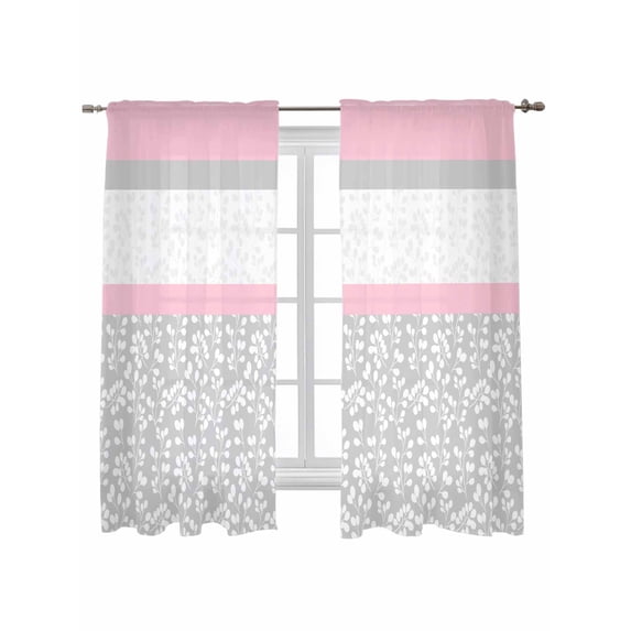 Pink Grey Curtains 63 Inch Length,Sheer Curtains for Bedroom Living Room Window Chic Garden Floral Stripe Aesthetic Flower Boho Rod Pocket Drapes Kitchen Curtains Small Half Window 42"x63" 2 Panels