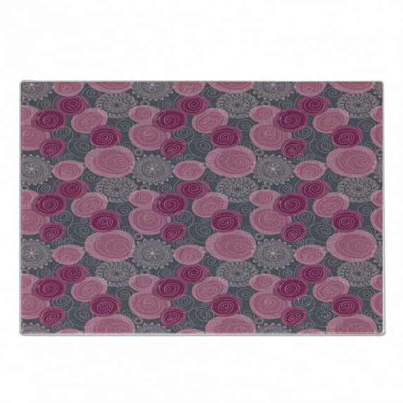 Pink and Grey Cutting Board, Doodle Style Lace Swirled Circle Flower Pattern Ornamental Flourish, Decorative Tempered Glass Cutting and Serving Board, Small Size, Fuchsia Magenta Grey, by Ambesonne