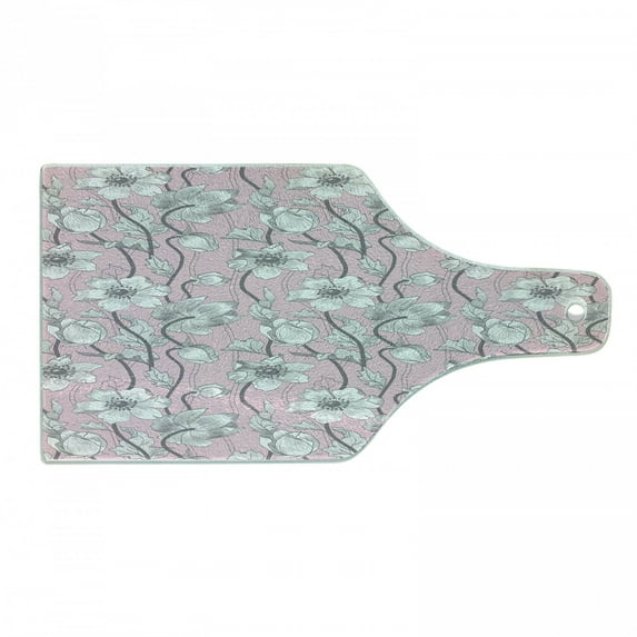 Pink and Grey Cutting Board, Vintage Floral Anemones Fragrance Soft Toned Yoga Botanical Beauty Art, Tempered Glass Cutting and Serving Board, Wine Bottle Shape, Rose Pale Grey, by Ambesonne