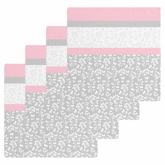 Pink Grey Dish Towels Set,Waffle Weave Kitchen Towels 4 Pieces,Chic Garden Floral Stripe Aesthetic Flower Boho Microfiber Hair Face Bath Tea Towel Absorbent Quick Drying Cleaning Dish Cloths,12"x12"