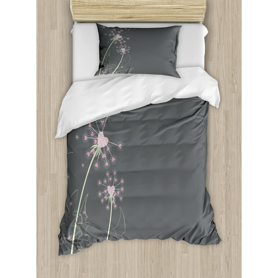 Pink and Grey Duvet Cover Set Twin Size, Dandelion Flowers with Hearts Pastel Love Celebration Anniversary, Decorative 2 Piece Bedding Set with 1 Pillow Sham, Pink Grey Pale Green, by Ambesonne