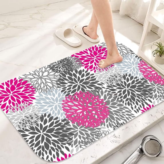 Pink Grey Floral Flannel Bath Mat 16x24 Inches, Soft Absorbent Non-Slip Bathroom Rug, Machine Washable Floor Mat for Shower