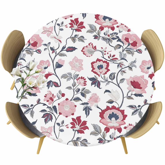 Pink Grey Floral Round Tablecloth 55-60 Inch Round Fitted Table Cloth with Elastic Edge, Botanical Watercolor Flower Leaf Waterproof Table Cover Protector for Outdoor Picnic Party Dining