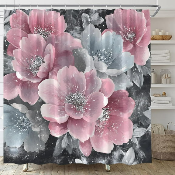 Pink and Grey Flower Shower Curtain Watercolor Floral Vintage Abstract Blossom Peony Rustic Fabric Bathroom Curtain Set with Hooks-48"W x 72"L (Pack of 1)