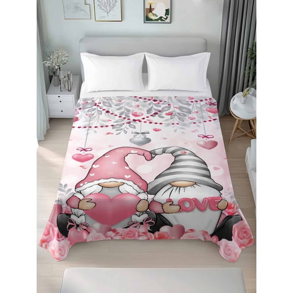 Pink Grey Gnomes Valentine Queen Size Flat Sheet, Wrinkleproof & Fadeproof Cooling Flat Bed Sheet Only, Love Heart Spring Floral Breathable Soft Bedding Top Sheets 90 x 102 Inches