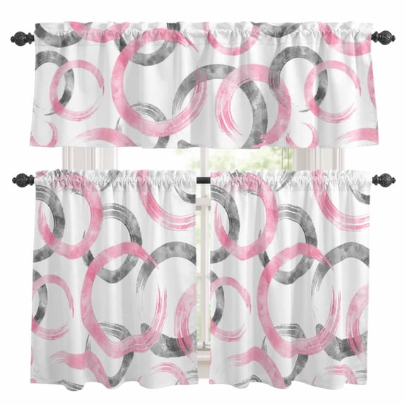 Pink Grey Kitchen Curtains Sets for Windows 24 Inch Length, Geometric Circle Modern Abstract Simple Art Rod Pocket Window Treatments Tier Curtains and Valances Set for Bedroom/Bathroom