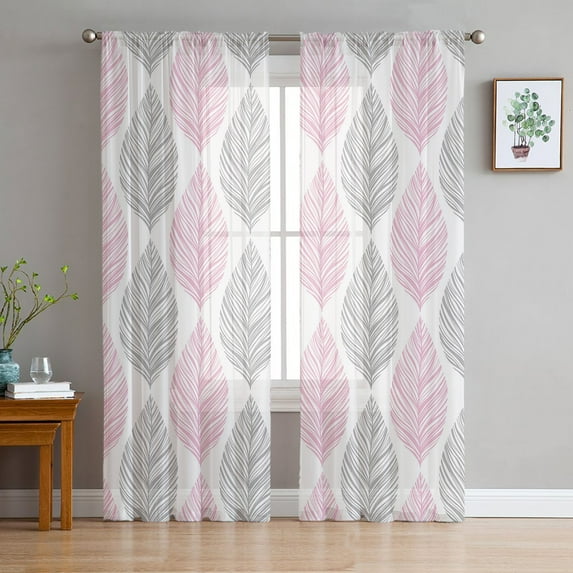 Pink Grey Leaves Sheer Curtains 72 Inches Long 2 Panels Set, Window Sheer Curtains for Living Room/Bedroom, Summer Tropical Plant Aesthetics Light Filtering Rod Pocket Curtain 52'' x 72'' x 2