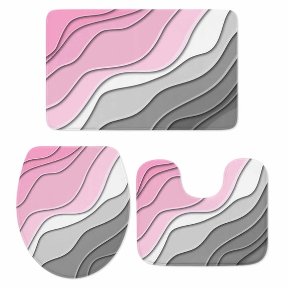 Pink Grey Ombre Bath Mat 3 Piece Bathroom Rug Set, Modern Geometric Abstract Aesthetics Cream Non Slip Bath Rug Contour Mat and Toilet Lid Cover, Absorbent Shower Mats Soft Bath Rugs and Mats Sets