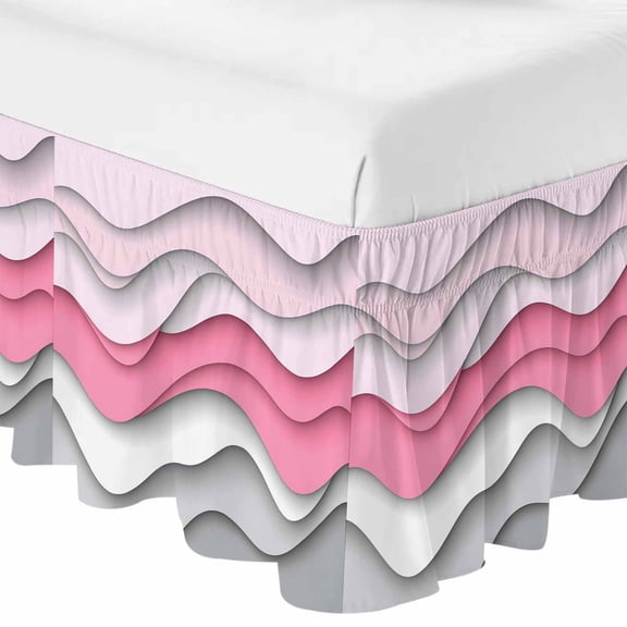 Pink Grey Ombre Bed Skirt Queen Size 16 Inch Drop, Adjustable & Elastic Wrap Around Bed Skirts Pleated Luxury Dust Ruffles For Twin Full Queen Cal King Base Beds, Modern Abstract Moire Art Geometric