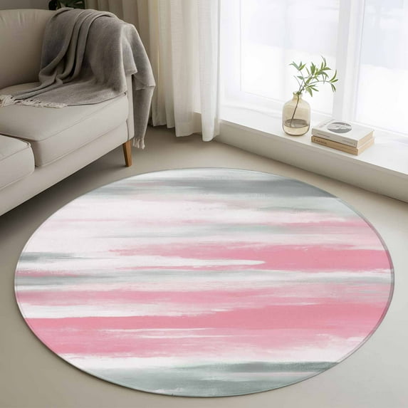 Pink Grey Ombre Round Rugs 3.3ft, Abstract Art Oil Painting Modern Non Slip Washable Rug Runner, Low Pile Indoor Floor Carpet Mat Bathroom Rugs for Living Room, Bedroom, Kids Room