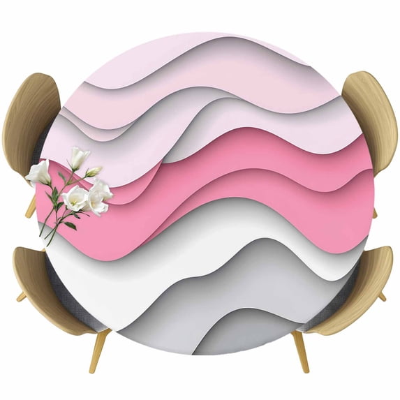 Pink Grey Ombre Round Tablecloth 55-60 Inch Round Fitted Table Cloth with Elastic Edge, Modern Abstract Moire Art Geometric Waterproof Table Cover Protector for Outdoor Picnic Party Dining