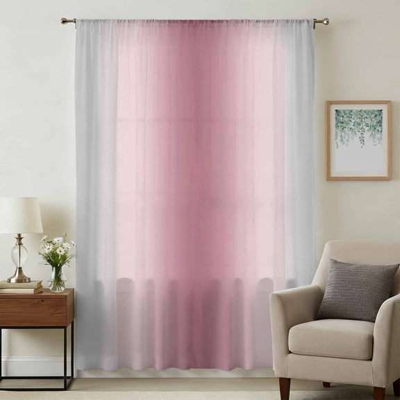 Pink Grey Ombre Sheer Curtains 96 Inches Long, Farmhouse Gradient Minimalist Light Filering Curtains, Privacy Drapes Simi Floor to Veiling Curtain for Living Room Bedroom Large Window Treatment