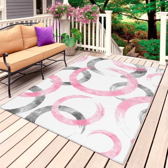 Pink Grey Outdoor Rug for Patio/Deck/Porch, Non-Slip Large Area Rug 3 x 5 Ft, Geometric Circle Modern Abstract Simple Art Indoor Outdoor Rugs Washable Area Rugs, Reversible Camping Rug Carpet Runner
