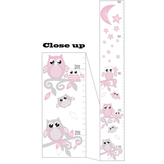 Pink and Grey Owl Growth Chart Wall Art With Chevrons, Swirly Branches, Moon and Stars / Woodland Forest Animals Owl Nursery and Children's Wall Decals Decor