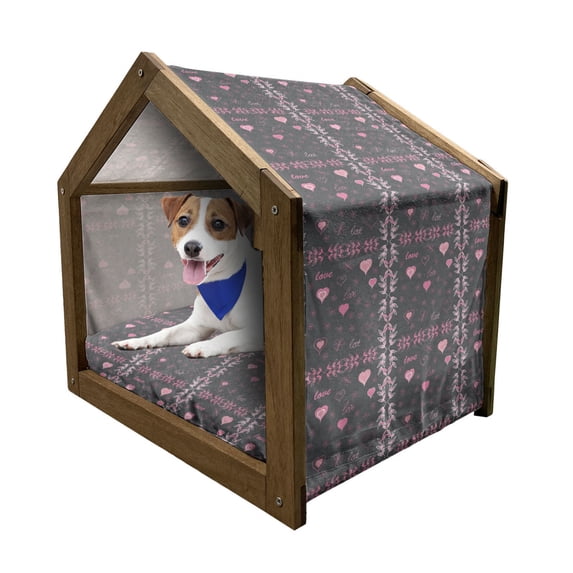 Pink and Grey Pet House, Spring Butterflies Flower Leaves Inspiration Season Concept Print, Outdoor & Indoor Portable Dog Kennel with Pillow and Cover, 5 Sizes, Charcoal Grey Pink, by Ambesonne