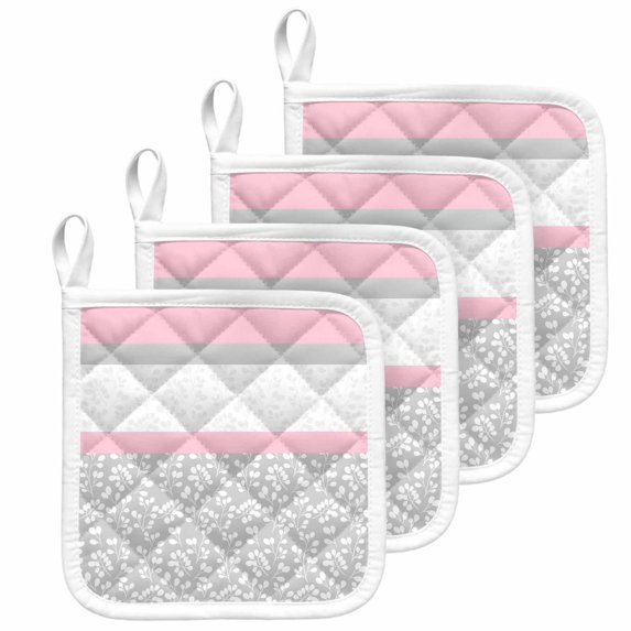 Pink Grey Pot Holders for Kitchen Heatproof Potholder, 4 Pack Chic Garden Floral Stripe Aesthetic Flower Boho Hot Pads Multipurpose Oven Pads Cloth Potholders Trivet for Cooking and Baking