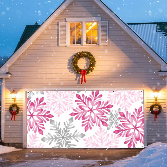Pink Grey Snowflakes Garage Door Banner Covers, Winter Abstract Winter Watercolors Snow Large Hanging Indoor/Outdoor Backdrop Background for Christmas Winter Party Decor, 6x13 FT
